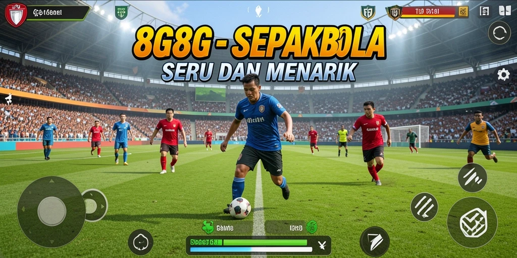 Screenshot gameplay 8G8G yang menampilkan aksi sepak bola mendebarkan.