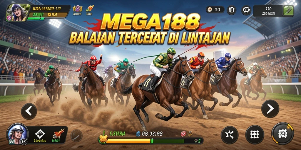 Tampilan gameplay balapan seru dalam MEGA188 dengan mobil yang melaju kencang.